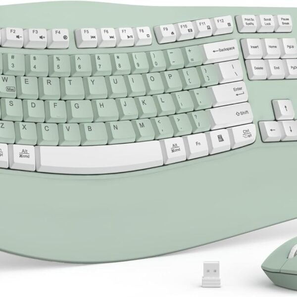 Wireless Keyboard and Mouse Combo, 2.4G Full Size Wave Keys Ergonomic Keyboard with Wrist Rest Natural Typing, 3 DPI Adjustable Ergonomic Mouse for Computer/Laptop/Windows/Mac (Avocado Green-A)