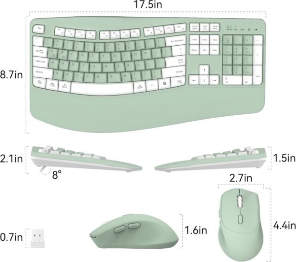 Wireless Keyboard and Mouse Combo, 2.4G Full Size Wave Keys Ergonomic Keyboard with Wrist Rest Natural Typing, 3 DPI Adjustable Ergonomic Mouse for Computer/Laptop/Windows/Mac (Avocado Green-A)