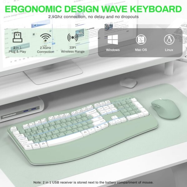 Wireless Keyboard and Mouse Combo, 2.4G Full Size Wave Keys Ergonomic Keyboard with Wrist Rest Natural Typing, 3 DPI Adjustable Ergonomic Mouse for Computer/Laptop/Windows/Mac (Avocado Green-A)