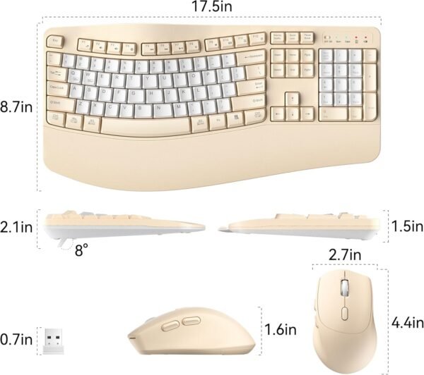 Ergonomic Wireless Keyboard and Mouse Combo, Wave Keys Keyboard with Wrist Rest, Natural Typing, 3 DPI Adjustable Ergonomic Silent Mouse for Computer/Laptop/Windows/Mac (Latte-B)