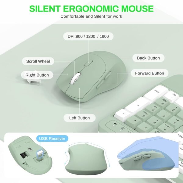 Wireless Keyboard and Mouse Combo, 2.4G Full Size Wave Keys Ergonomic Keyboard with Wrist Rest Natural Typing, 3 DPI Adjustable Ergonomic Mouse for Computer/Laptop/Windows/Mac (Avocado Green-A)