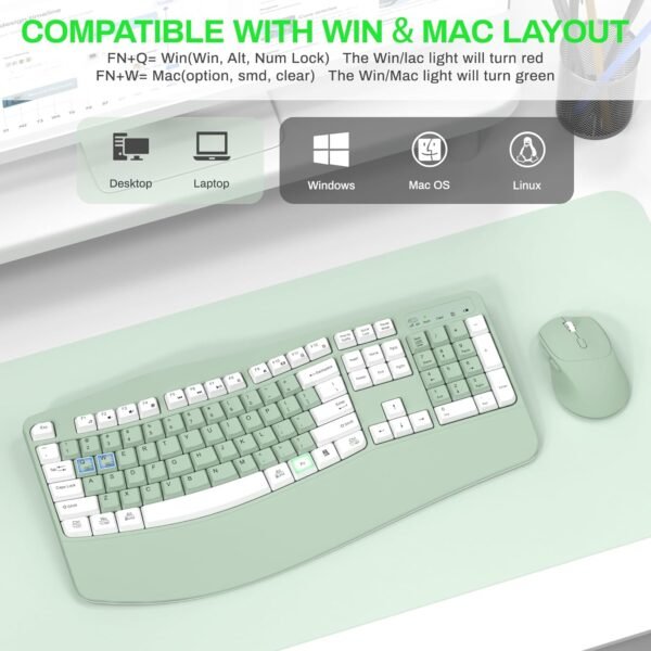Wireless Keyboard and Mouse Combo, 2.4G Full Size Wave Keys Ergonomic Keyboard with Wrist Rest Natural Typing, 3 DPI Adjustable Ergonomic Mouse for Computer/Laptop/Windows/Mac (Avocado Green-A)