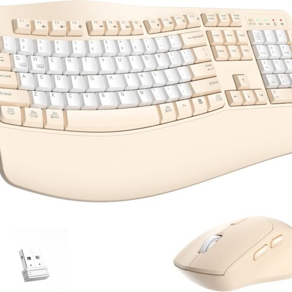 Ergonomic Wireless Keyboard and Mouse Combo, Wave Keys Keyboard with Wrist Rest, Natural Typing, 3 DPI Adjustable Ergonomic Silent Mouse for Computer/Laptop/Windows/Mac (Latte-B)