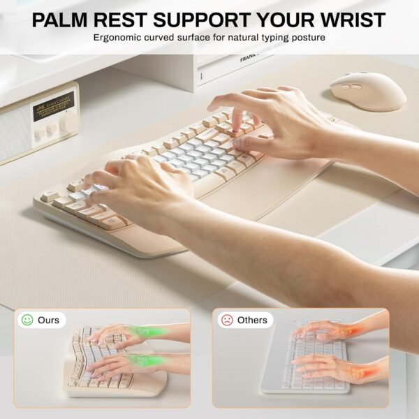 Ergonomic Wireless Keyboard and Mouse Combo, Wave Keys Keyboard with Wrist Rest, Natural Typing, 3 DPI Adjustable Ergonomic Silent Mouse for Computer/Laptop/Windows/Mac (Latte-B)