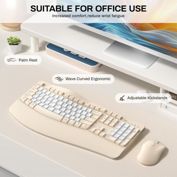 Ergonomic Wireless Keyboard and Mouse Combo, Wave Keys Keyboard with Wrist Rest, Natural Typing, 3 DPI Adjustable Ergonomic Silent Mouse for Computer/Laptop/Windows/Mac (Latte-B)
