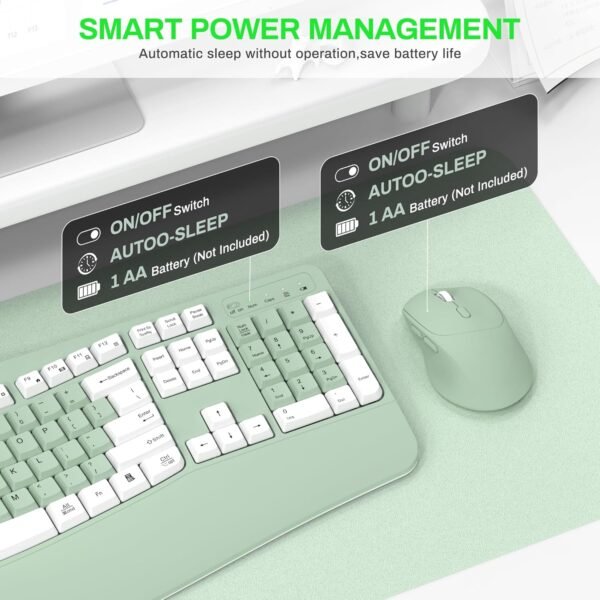 Wireless Keyboard and Mouse Combo, 2.4G Full Size Wave Keys Ergonomic Keyboard with Wrist Rest Natural Typing, 3 DPI Adjustable Ergonomic Mouse for Computer/Laptop/Windows/Mac (Avocado Green-A)