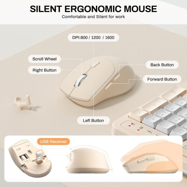 Ergonomic Wireless Keyboard and Mouse Combo, Wave Keys Keyboard with Wrist Rest, Natural Typing, 3 DPI Adjustable Ergonomic Silent Mouse for Computer/Laptop/Windows/Mac (Latte-B)