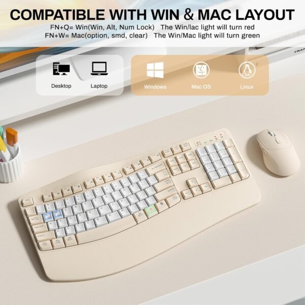 Ergonomic Wireless Keyboard and Mouse Combo, Wave Keys Keyboard with Wrist Rest, Natural Typing, 3 DPI Adjustable Ergonomic Silent Mouse for Computer/Laptop/Windows/Mac (Latte-B)