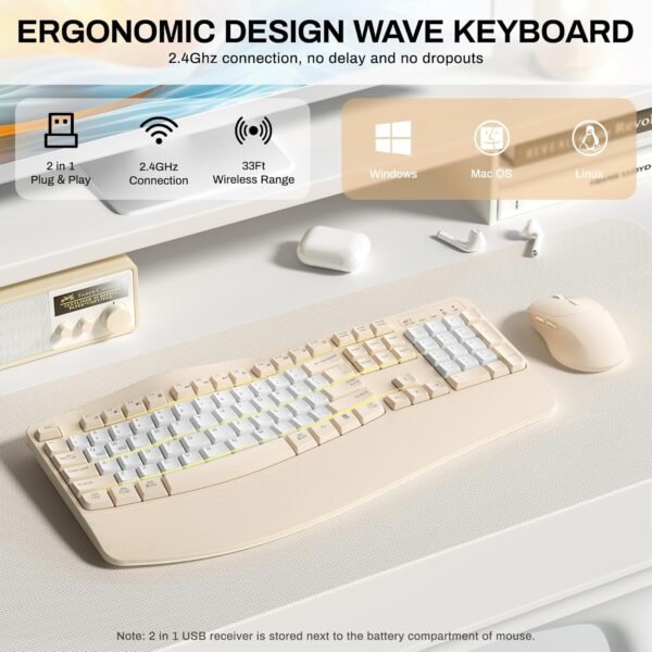 Ergonomic Wireless Keyboard and Mouse Combo, Wave Keys Keyboard with Wrist Rest, Natural Typing, 3 DPI Adjustable Ergonomic Silent Mouse for Computer/Laptop/Windows/Mac (Latte-B)