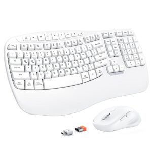 cloud ants  New Ergonomic Keyboard and Mouse Wireless Combo, Wave Keys Natural Typing, 2.4G Wireless Keyboard with Wrist Rest, 4 Adjustable DPI Optical Mouse, Computer/Laptop/Windows/Mac, White