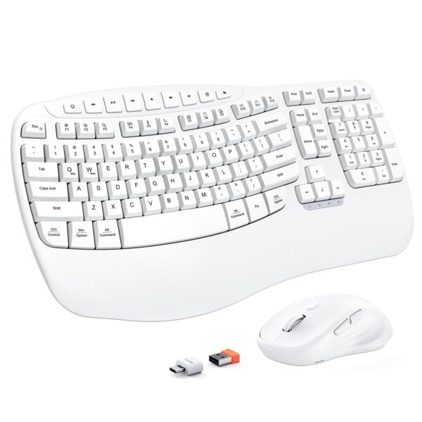 cloud ants  New Ergonomic Keyboard and Mouse Wireless Combo, Wave Keys Natural Typing, 2.4G Wireless Keyboard with Wrist Rest, 4 Adjustable DPI Optical Mouse, Computer/Laptop/Windows/Mac, White