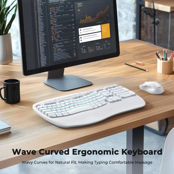 cloud ants  New Ergonomic Keyboard and Mouse Wireless Combo, Wave Keys Natural Typing, 2.4G Wireless Keyboard with Wrist Rest, 4 Adjustable DPI Optical Mouse, Computer/Laptop/Windows/Mac, White