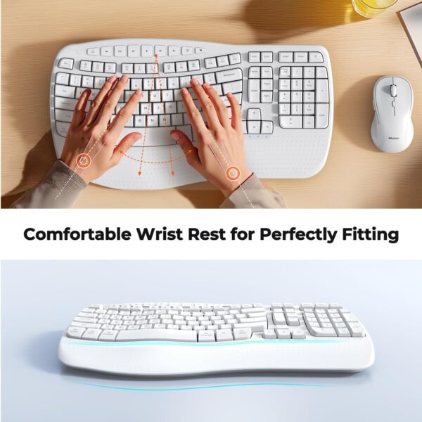 cloud ants  New Ergonomic Keyboard and Mouse Wireless Combo, Wave Keys Natural Typing, 2.4G Wireless Keyboard with Wrist Rest, 4 Adjustable DPI Optical Mouse, Computer/Laptop/Windows/Mac, White