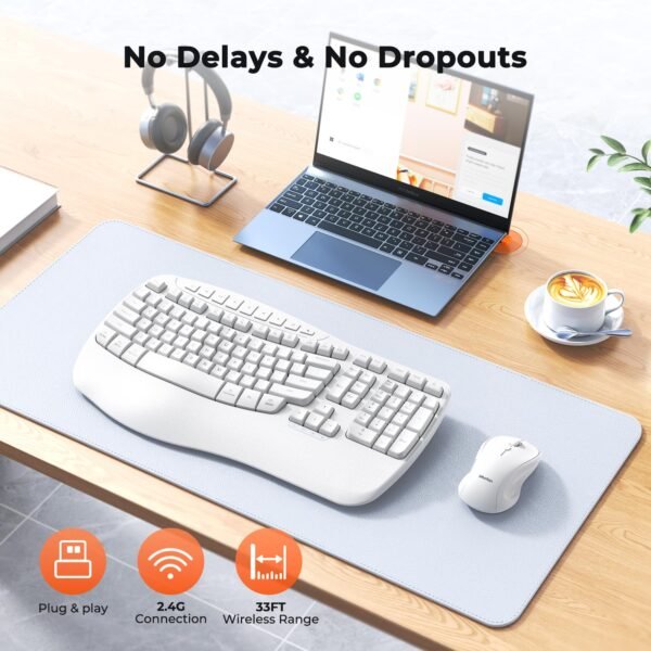 cloud ants  New Ergonomic Keyboard and Mouse Wireless Combo, Wave Keys Natural Typing, 2.4G Wireless Keyboard with Wrist Rest, 4 Adjustable DPI Optical Mouse, Computer/Laptop/Windows/Mac, White