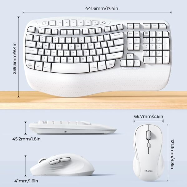 cloud ants  New Ergonomic Keyboard and Mouse Wireless Combo, Wave Keys Natural Typing, 2.4G Wireless Keyboard with Wrist Rest, 4 Adjustable DPI Optical Mouse, Computer/Laptop/Windows/Mac, White