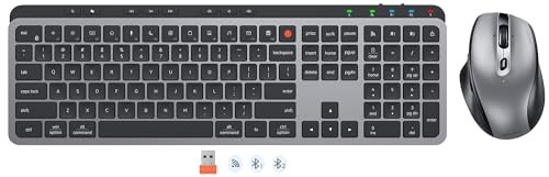 cloud ants New Wireless Bluetooth Keyboard & Mouse, Dual Bluetooth & USB Full Size Rechargeable Keyboard with 4 DPI Ergonomic Mice for Laptop/PC/Computer/iPad, Mac/Windows, C9990 Black Grey