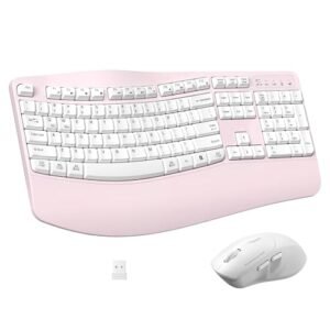 Ergonomic Wireless Keyboard and Mouse Combo, Wave Keys Keyboard with Wrist Rest, Natural Typing, 3 DPI Adjustable Ergonomic Silent Mouse for Computer/Laptop/Windows/Mac (Pink)