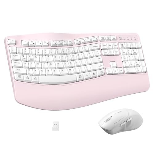 Ergonomic Wireless Keyboard and Mouse Combo, Wave Keys Keyboard with Wrist Rest, Natural Typing, 3 DPI Adjustable Ergonomic Silent Mouse for Computer/Laptop/Windows/Mac (Pink)