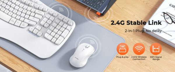 cloud ants  New Ergonomic Keyboard and Mouse Wireless Combo, Wave Keys Natural Typing, 2.4G Wireless Keyboard with Wrist Rest, 4 Adjustable DPI Optical Mouse, Computer/Laptop/Windows/Mac, White