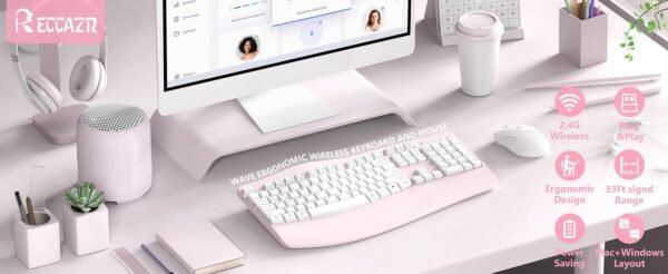 Ergonomic Wireless Keyboard and Mouse Combo, Wave Keys Keyboard with Wrist Rest, Natural Typing, 3 DPI Adjustable Ergonomic Silent Mouse for Computer/Laptop/Windows/Mac (Pink)