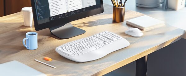 cloud ants  New Ergonomic Keyboard and Mouse Wireless Combo, Wave Keys Natural Typing, 2.4G Wireless Keyboard with Wrist Rest, 4 Adjustable DPI Optical Mouse, Computer/Laptop/Windows/Mac, White