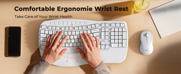 cloud ants  New Ergonomic Keyboard and Mouse Wireless Combo, Wave Keys Natural Typing, 2.4G Wireless Keyboard with Wrist Rest, 4 Adjustable DPI Optical Mouse, Computer/Laptop/Windows/Mac, White