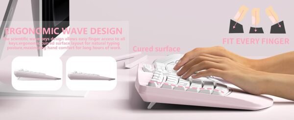 Ergonomic Wireless Keyboard and Mouse Combo, Wave Keys Keyboard with Wrist Rest, Natural Typing, 3 DPI Adjustable Ergonomic Silent Mouse for Computer/Laptop/Windows/Mac (Pink)