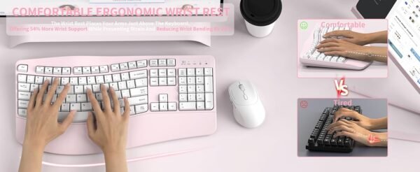 Ergonomic Wireless Keyboard and Mouse Combo, Wave Keys Keyboard with Wrist Rest, Natural Typing, 3 DPI Adjustable Ergonomic Silent Mouse for Computer/Laptop/Windows/Mac (Pink)