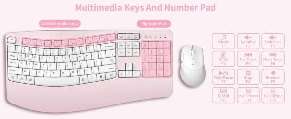Ergonomic Wireless Keyboard and Mouse Combo, Wave Keys Keyboard with Wrist Rest, Natural Typing, 3 DPI Adjustable Ergonomic Silent Mouse for Computer/Laptop/Windows/Mac (Pink)
