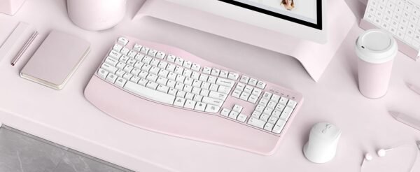 Ergonomic Wireless Keyboard and Mouse Combo, Wave Keys Keyboard with Wrist Rest, Natural Typing, 3 DPI Adjustable Ergonomic Silent Mouse for Computer/Laptop/Windows/Mac (Pink)